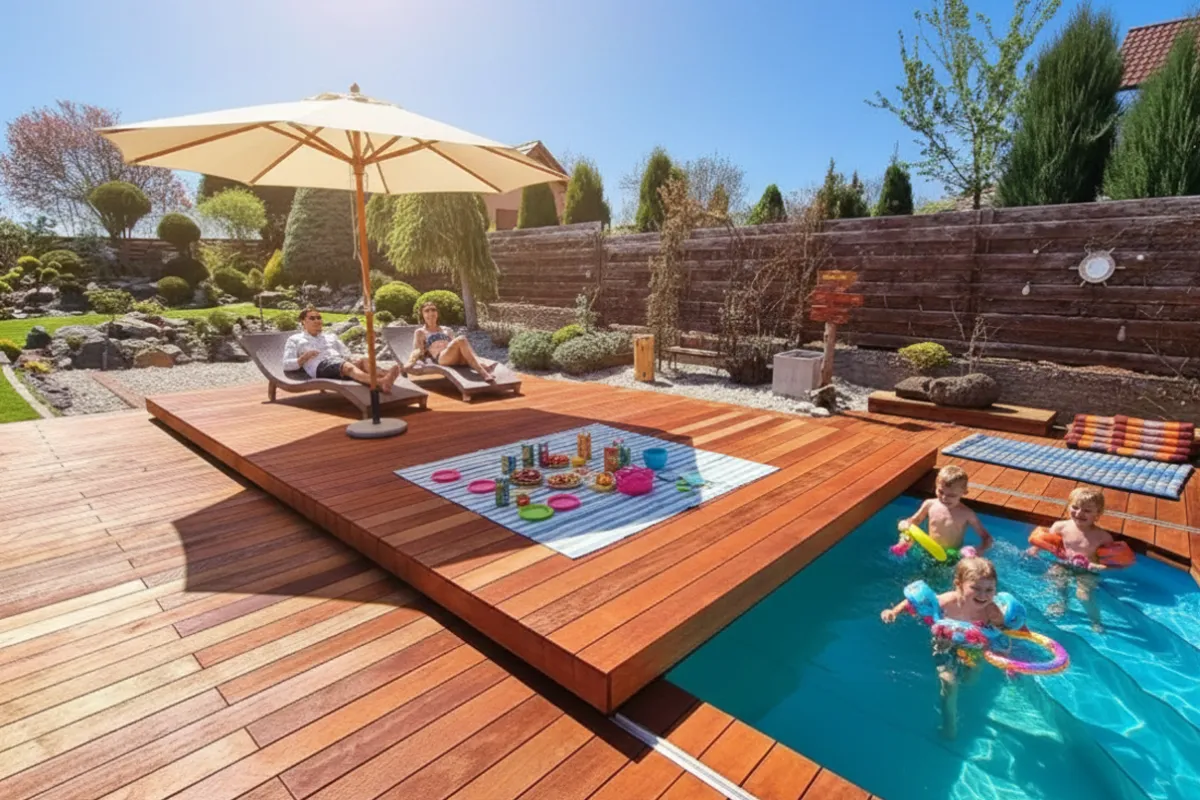 Längsverschiebung einer mobilen Poolterrasse