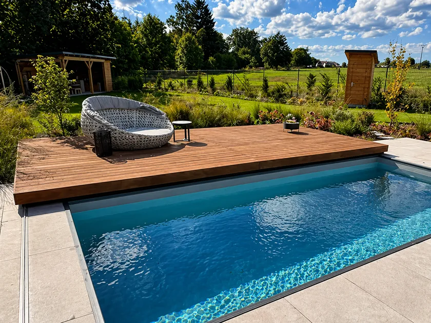 Querverschiebung mobile Poolterrasse über dem Pool